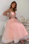 Elegantes langes A-Linien-Abendkleid aus rosa Tüll mit langen Ärmeln, pfirsichfarbenes Partykleid