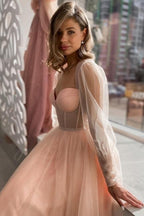 Elegantes langes A-Linien-Abendkleid aus rosa Tüll mit langen Ärmeln, pfirsichfarbenes Partykleid