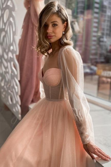 Elegantes langes A-Linien-Abendkleid aus rosa Tüll mit langen Ärmeln, pfirsichfarbenes Partykleid