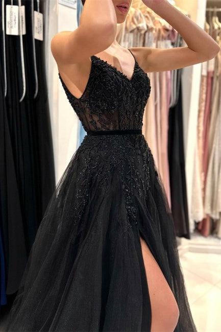 Elegantes langes schwarzes A-Linien-Ballkleid mit Pailletten und Spitze und Schlitz