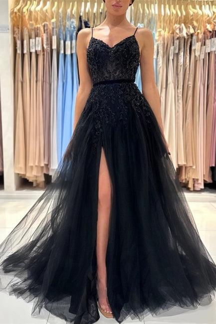 Elegantes langes schwarzes A-Linien-Ballkleid mit Pailletten und Spitze und Schlitz