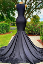 Elegantes langes schwarzes Meerjungfrau-Ballkleid aus Spitze mit Applikationen