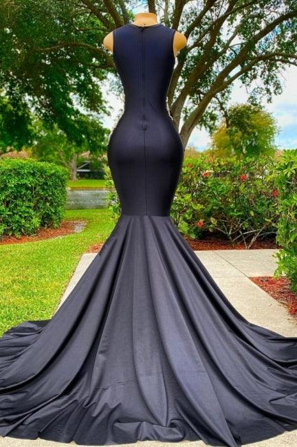 Elegantes langes schwarzes Meerjungfrau-Ballkleid aus Spitze mit Applikationen