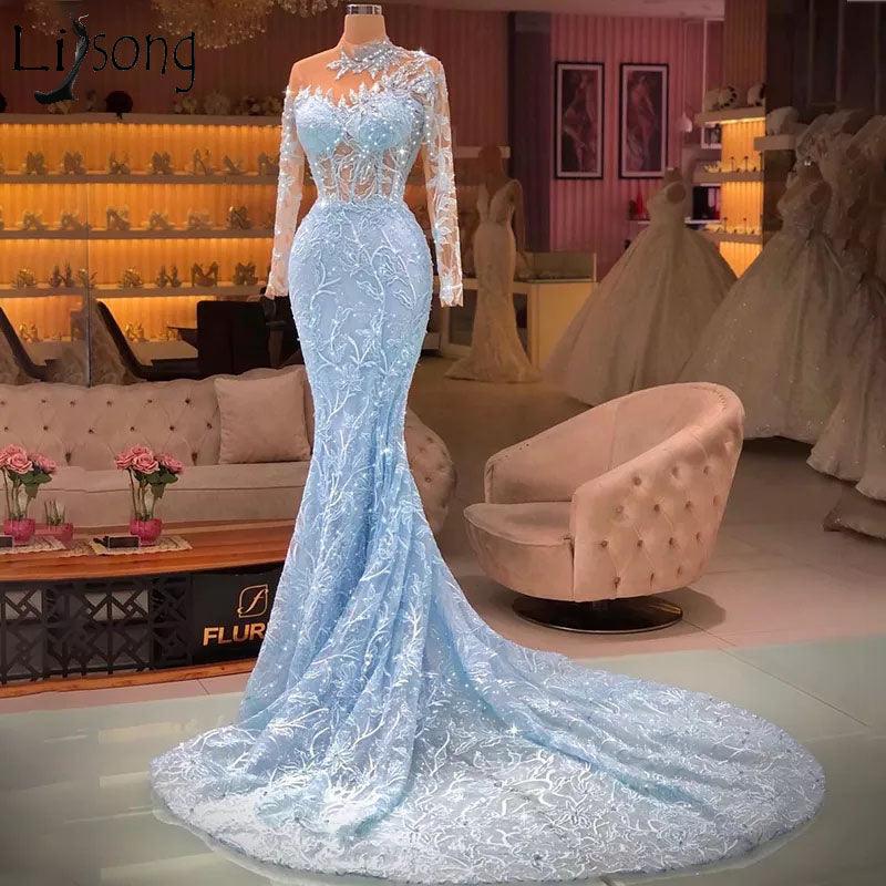 Elegantes langes blaues Meerjungfrau-Ballkleid mit langen Ärmeln und Schleppe aus Spitze