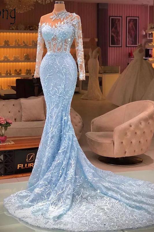 Elegantes langes blaues Meerjungfrau-Ballkleid mit langen Ärmeln und Schleppe aus Spitze