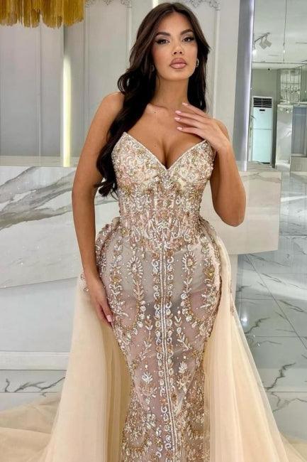 Elegantes langes, trägerloses Meerjungfrau-Ballkleid aus Spitze mit Glitzer und abnehmbarer Schleppe in Champagner