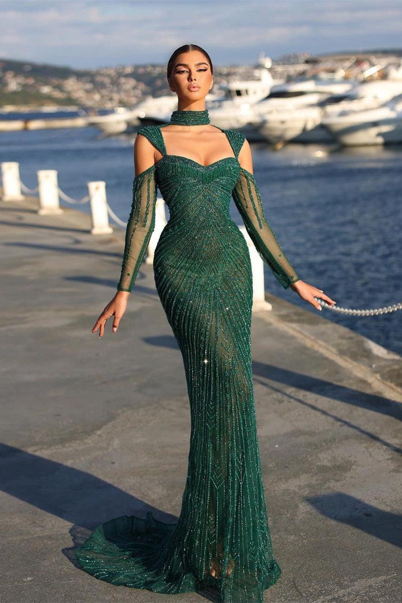 Elegantes langes dunkelgrünes schulterfreies Ballkleid mit Perlen und Ärmeln