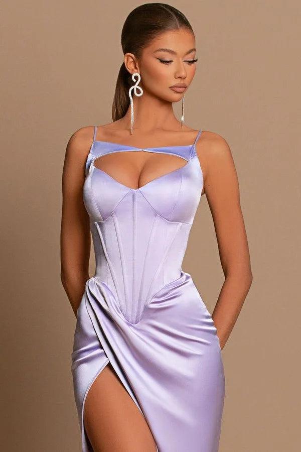 Elegantes langes lila Spaghettiträger Meerjungfrau ärmelloses Ballkleid