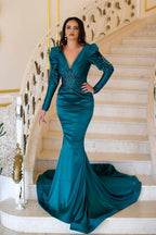 Elegantes langes Meerjungfrau-Ballkleid mit V-Ausschnitt und Perlenbesatz und langen Ärmeln
