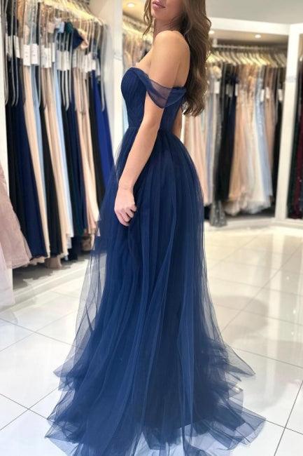 Elegantes, langes, schulterfreies, ärmelloses Ballkleid in A-Linie in Marineblau