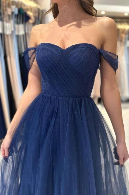 Elegantes, langes, schulterfreies, ärmelloses Ballkleid in A-Linie in Marineblau