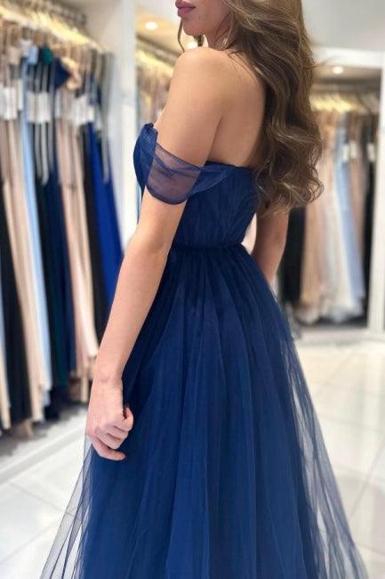 Elegantes, langes, schulterfreies, ärmelloses Ballkleid in A-Linie in Marineblau