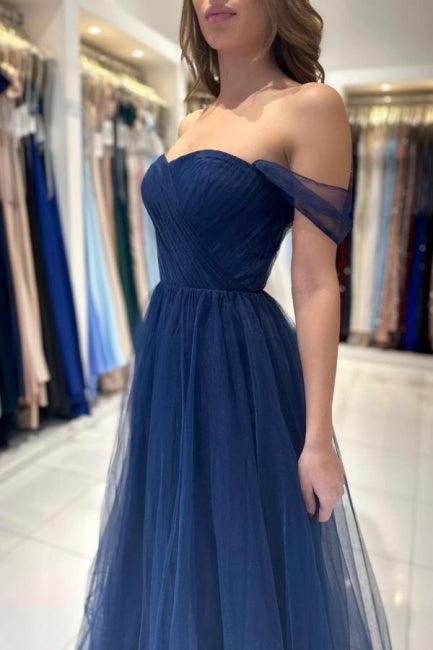 Elegantes, langes, schulterfreies, ärmelloses Ballkleid in A-Linie in Marineblau
