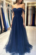 Elegantes, langes, schulterfreies, ärmelloses Ballkleid in A-Linie in Marineblau