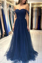 Elegantes, langes, schulterfreies, ärmelloses Ballkleid in A-Linie in Marineblau