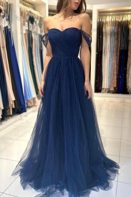 Elegantes, langes, schulterfreies, ärmelloses Ballkleid in A-Linie in Marineblau