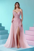 Elegantes langes rosa A-Linien-Ballkleid aus Spitze mit Schlitz und Glitzer