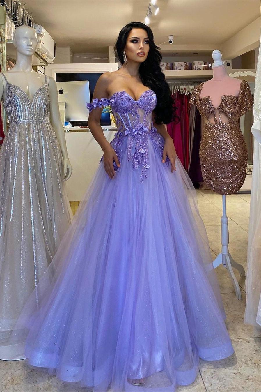 Elegantes langes lila A-Linien-Ballkleid mit schulterfreiem Ärmel und Spitze
