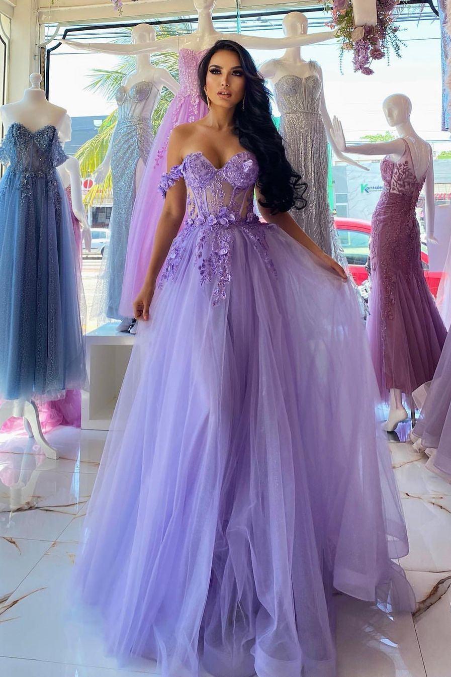 Elegantes langes lila A-Linien-Ballkleid mit schulterfreiem Ärmel und Spitze
