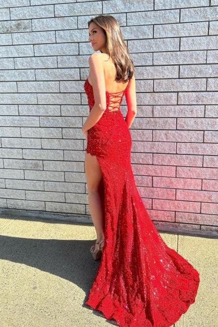 Elegante Lange Rote One-Shoulder Abendkleider Glitter Spitze Ballkleider Mit Schlitz