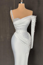 Elegantes langes One-Shoulder-Meerjungfrau-Ballkleid aus Satin mit Perlenbesatz