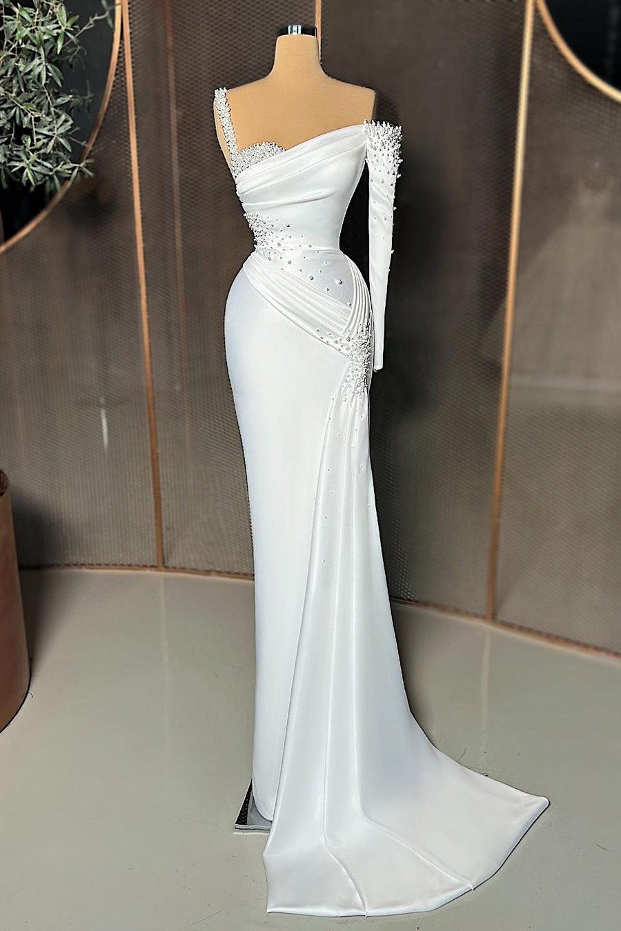 Elegantes langes One-Shoulder-Meerjungfrau-Ballkleid aus Satin mit Perlenbesatz