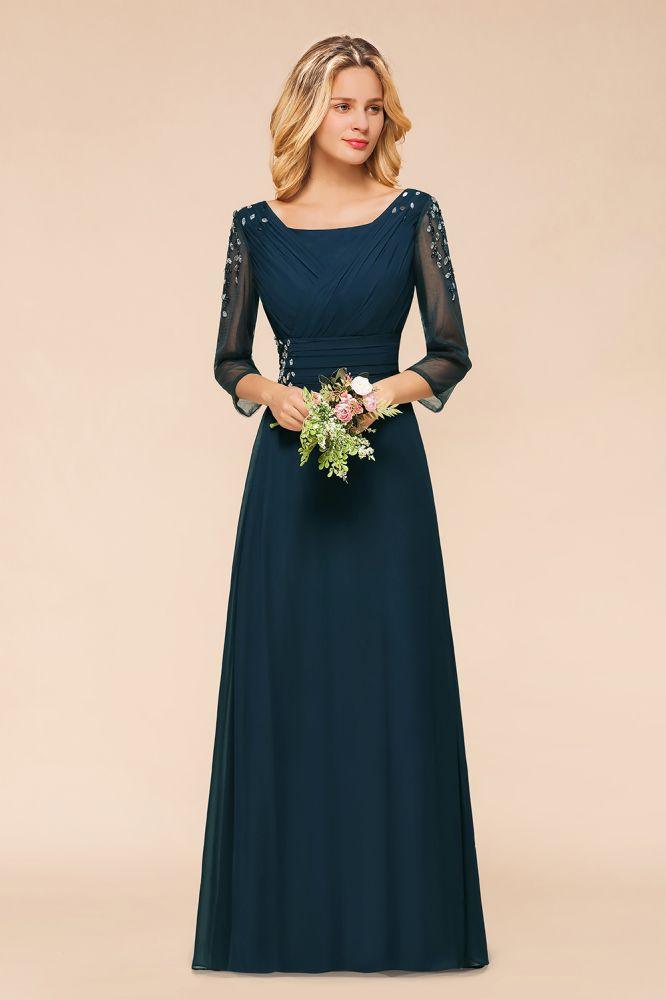 Elegante vestido de dama de honor de manga larga con cristales, corte A, vestido formal maxi