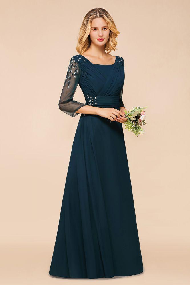 Elegante vestido de dama de honor de manga larga con cristales, corte A, vestido formal maxi