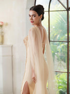 Elegantes Meerjungfrau-Abendkleid aus Polyester mit Rundhalsausschnitt, ärmellos, Champagner-Gold, mit Perlen verziert, Reißverschluss, Schlitz