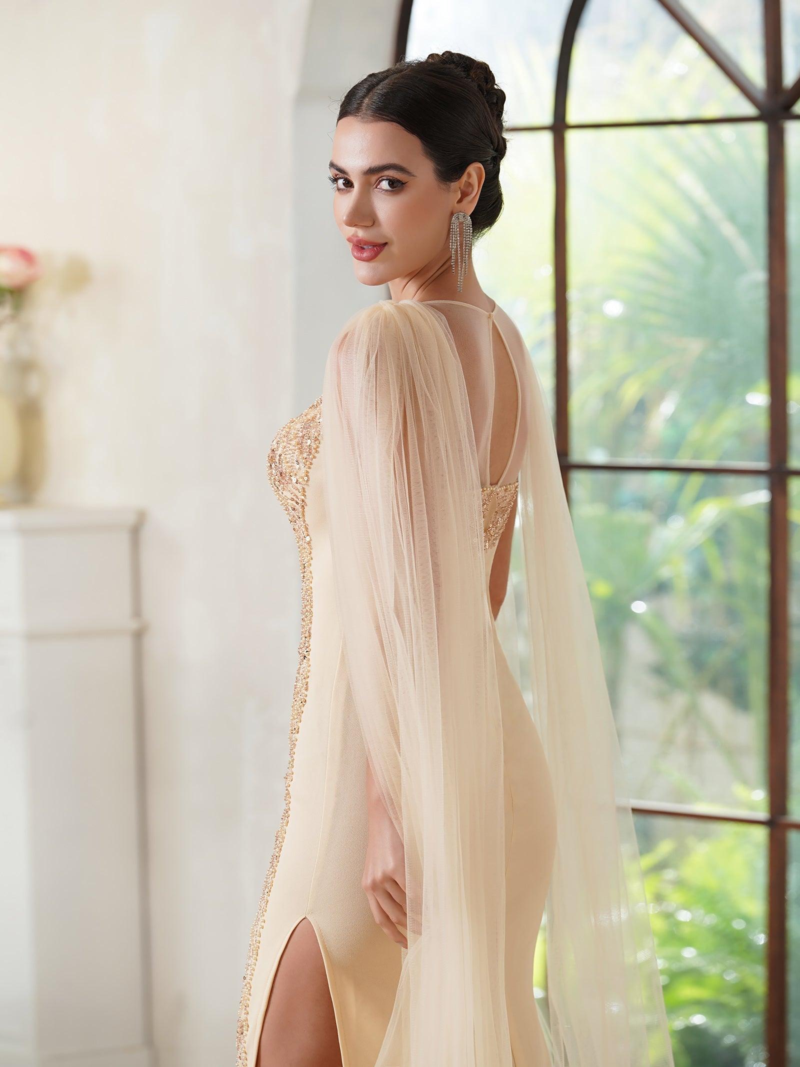 Elegantes Meerjungfrau-Abendkleid aus Polyester mit Rundhalsausschnitt, ärmellos, Champagner-Gold, mit Perlen verziert, Reißverschluss, Schlitz