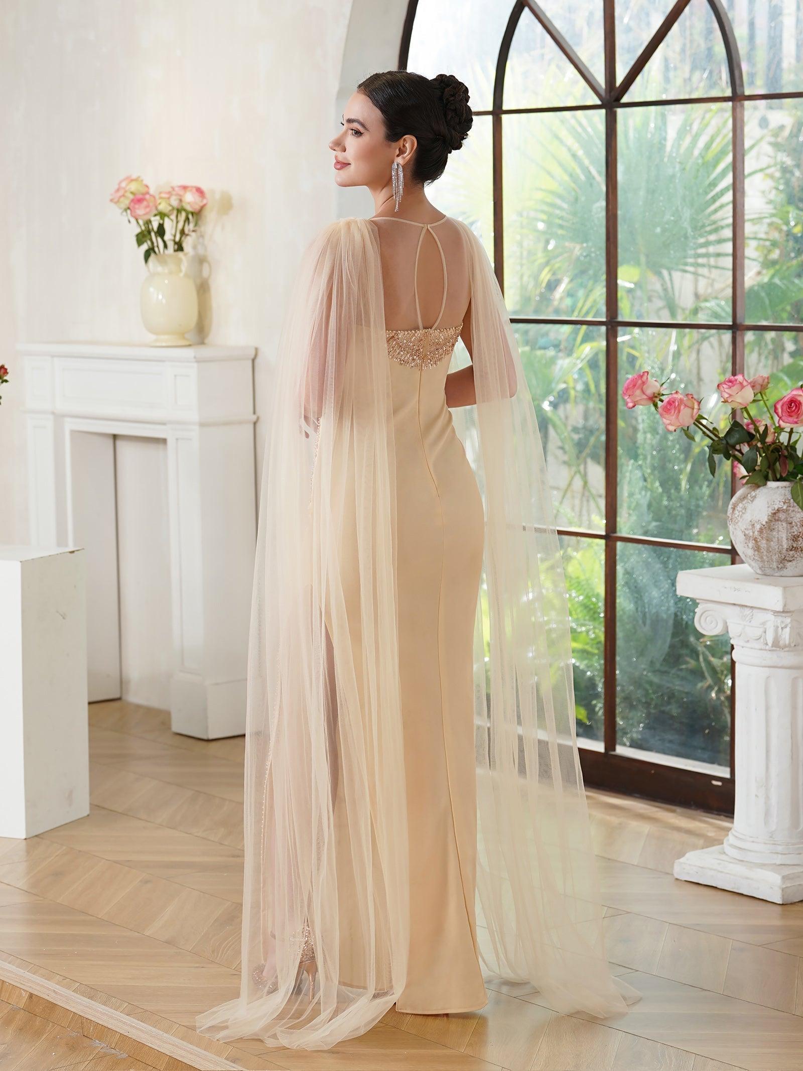 Elegantes Meerjungfrau-Abendkleid aus Polyester mit Rundhalsausschnitt, ärmellos, Champagner-Gold, mit Perlen verziert, Reißverschluss, Schlitz