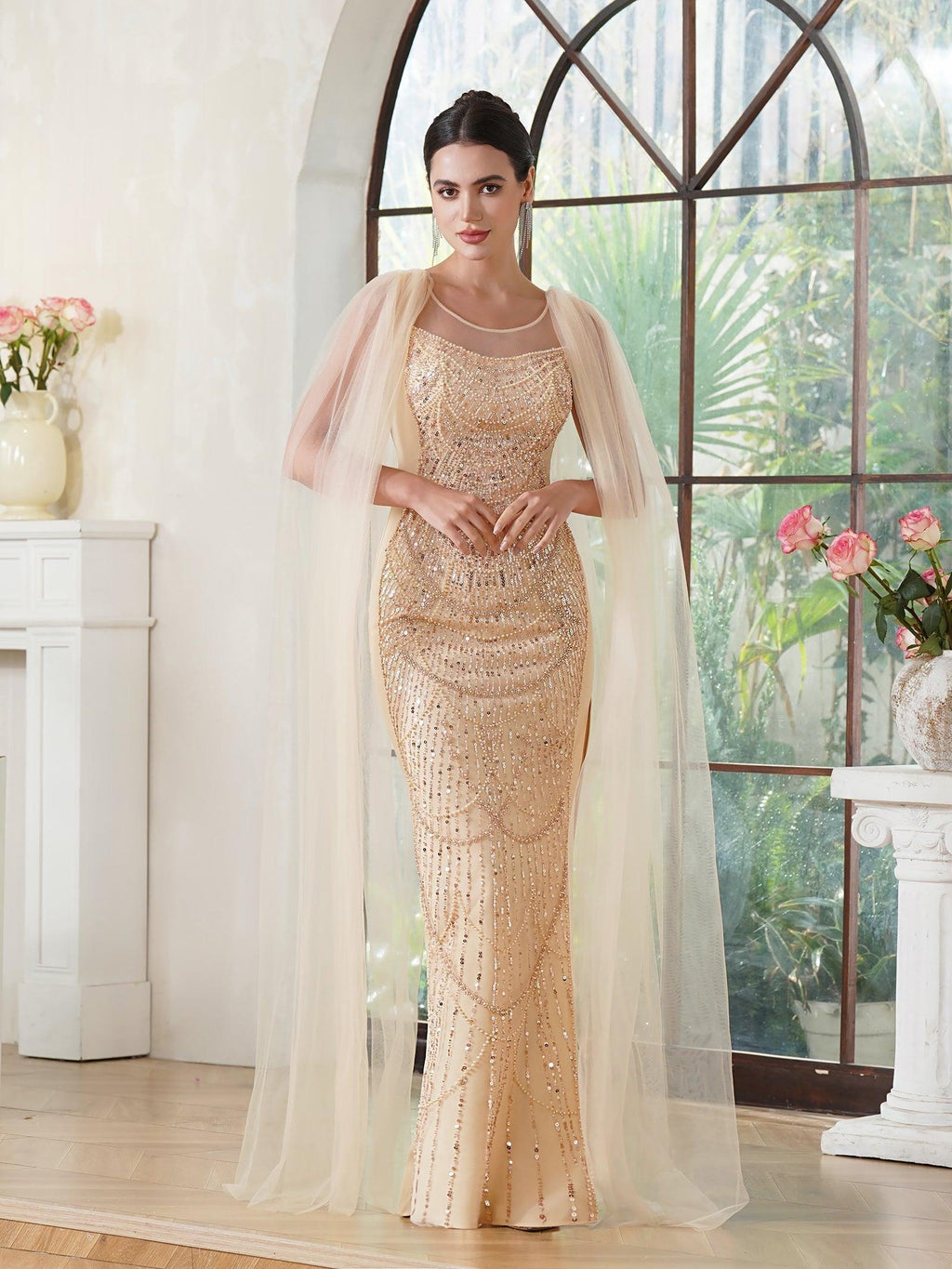 Elegantes Meerjungfrau-Abendkleid aus Polyester mit Rundhalsausschnitt, ärmellos, Champagner-Gold, mit Perlen verziert, Reißverschluss, Schlitz