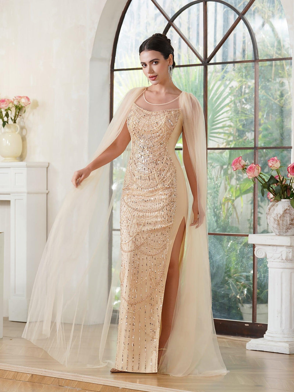 Elegantes Meerjungfrau-Abendkleid aus Polyester mit Rundhalsausschnitt, ärmellos, Champagner-Gold, mit Perlen verziert, Reißverschluss, Schlitz