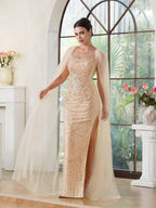 Elegantes Meerjungfrau-Abendkleid aus Polyester mit Rundhalsausschnitt, ärmellos, Champagner-Gold, mit Perlen verziert, Reißverschluss, Schlitz