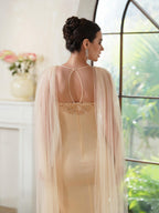Elegantes Meerjungfrau-Abendkleid aus Polyester mit Rundhalsausschnitt, ärmellos, Champagner-Gold, mit Perlen verziert, Reißverschluss, Schlitz