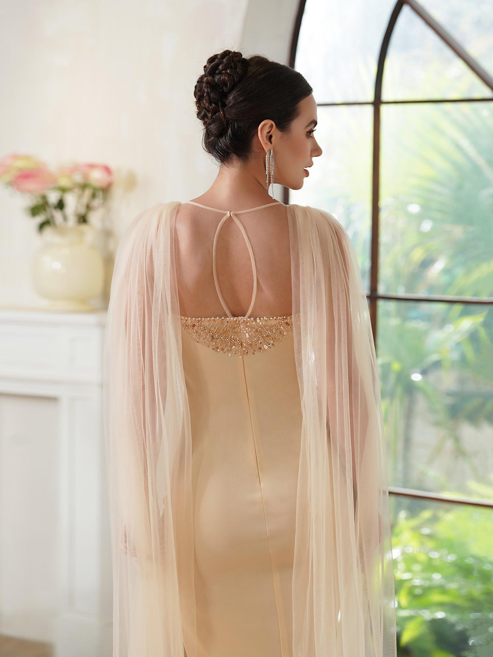 Elegantes Meerjungfrau-Abendkleid aus Polyester mit Rundhalsausschnitt, ärmellos, Champagner-Gold, mit Perlen verziert, Reißverschluss, Schlitz