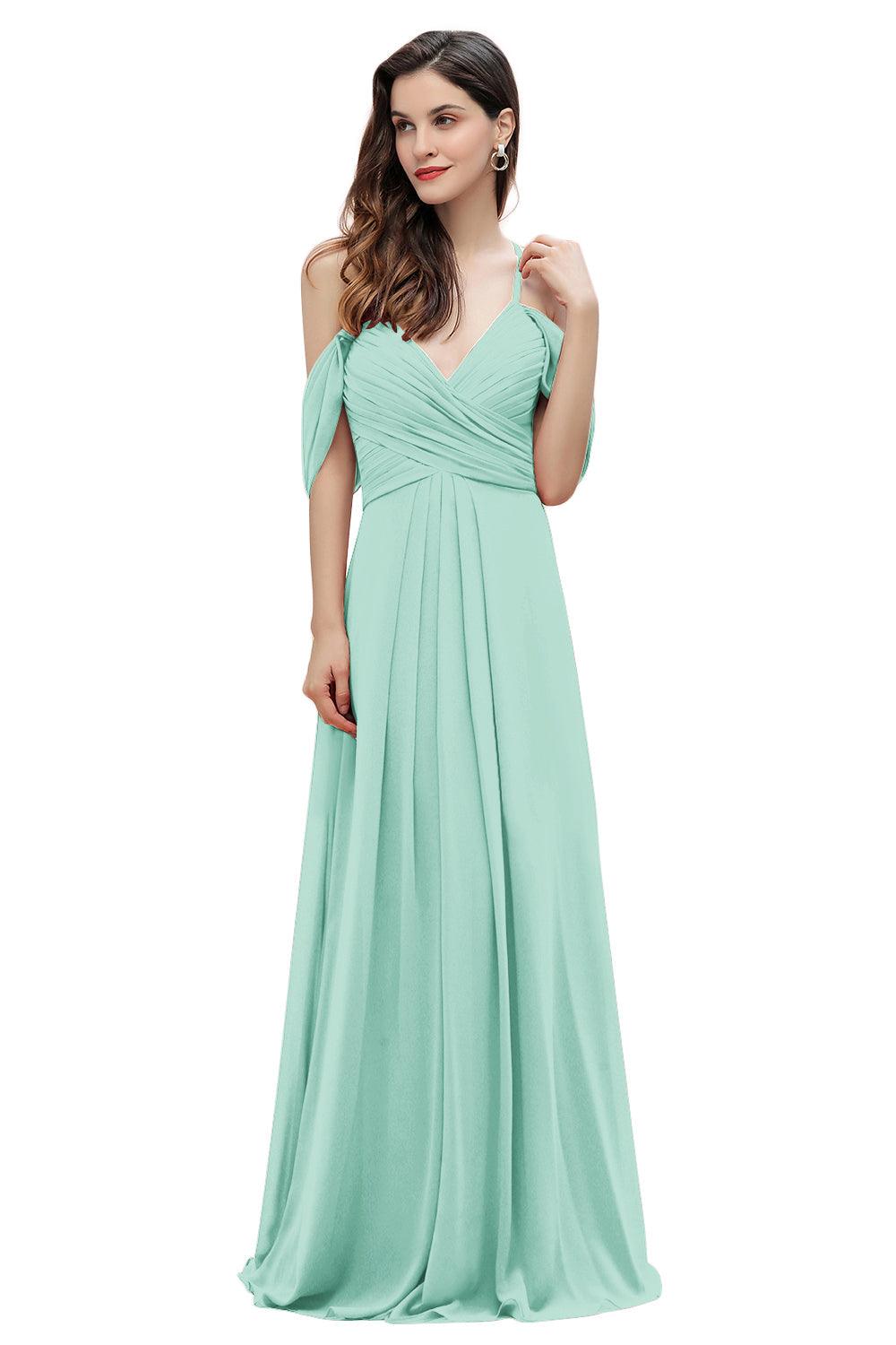 Elegant Off Shoulder Spaghetti Straps Aline Chiffon Bridesmaid Dress Floor Length Wedding Party Dress
