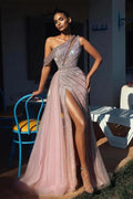 Elegante vestido de fiesta de corte A con un hombro al descubierto, sin mangas, con lentejuelas