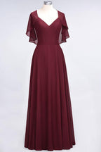 Elegant Satin V-Neck Short Sleeve Princess Bridesmaid Dress Ruffle Chiffon Wedding Guest Dress