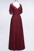 Elegant Satin V-Neck Short Sleeve Princess Bridesmaid Dress Ruffle Chiffon Wedding Guest Dress
