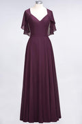 Elegant Satin V-Neck Short Sleeve Princess Bridesmaid Dress Ruffle Chiffon Wedding Guest Dress