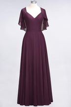 Elegant Satin V-Neck Short Sleeve Princess Bridesmaid Dress Ruffle Chiffon Wedding Guest Dress