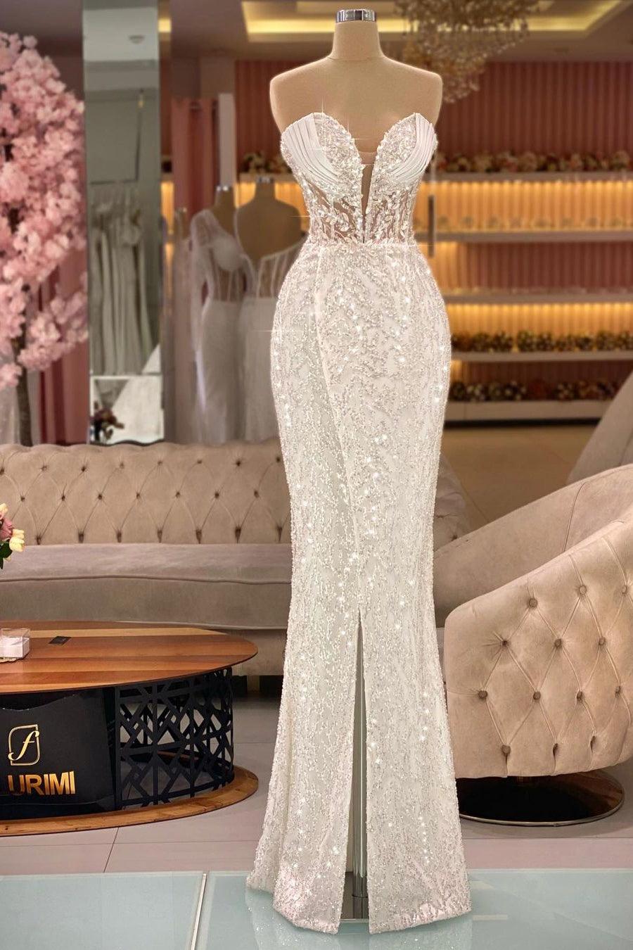 Elegantes, ärmelloses Ballkleid aus Spitze mit Pailletten und V-Ausschnitt