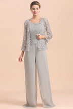 Elegant Silver Lace Top Chiffon Mother of Bride Jumpsuit Online with Wrap