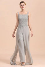 Elegant Silver Lace Top Chiffon Mother of Bride Jumpsuit Online with Wrap
