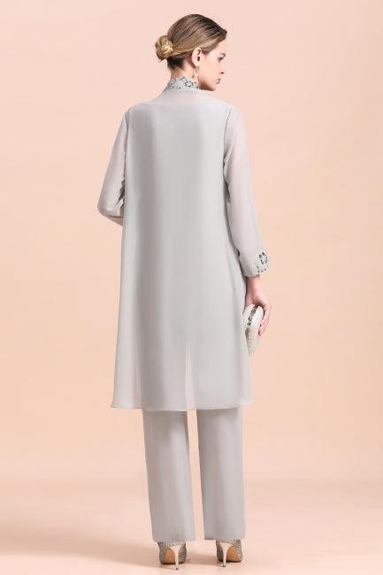 Elegant Sleeveless Appliques Silver Chiffon Mother of Bride Jumpsuit with Wrap