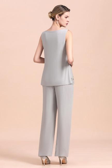 Elegant Sleeveless Appliques Silver Chiffon Mother of Bride Jumpsuit with Wrap