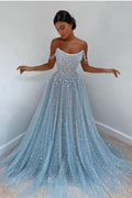 Elegantes ärmelloses blaues Spitzen-Ballkleid lang