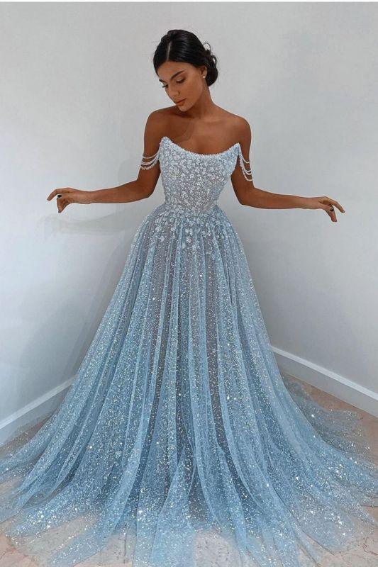 Elegantes ärmelloses blaues Spitzen-Ballkleid lang