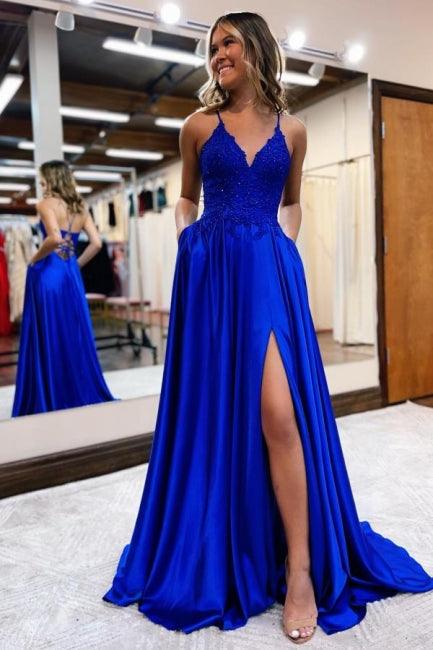 Elegantes vestidos de fiesta de corte A con tirantes finos y abertura